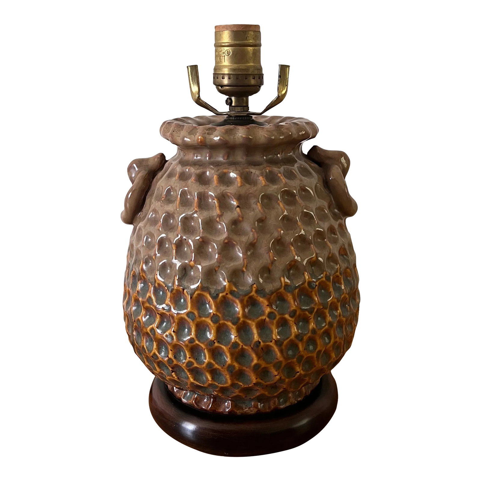 Midcentury Thumbprint Pottery Table Lamp: This vintage table lamp features a hand-crafted Japanese thumbprint pottery base, a style celebrated for its rich textures and distinctive glazes. The surface displays the classic raised honeycomb or 