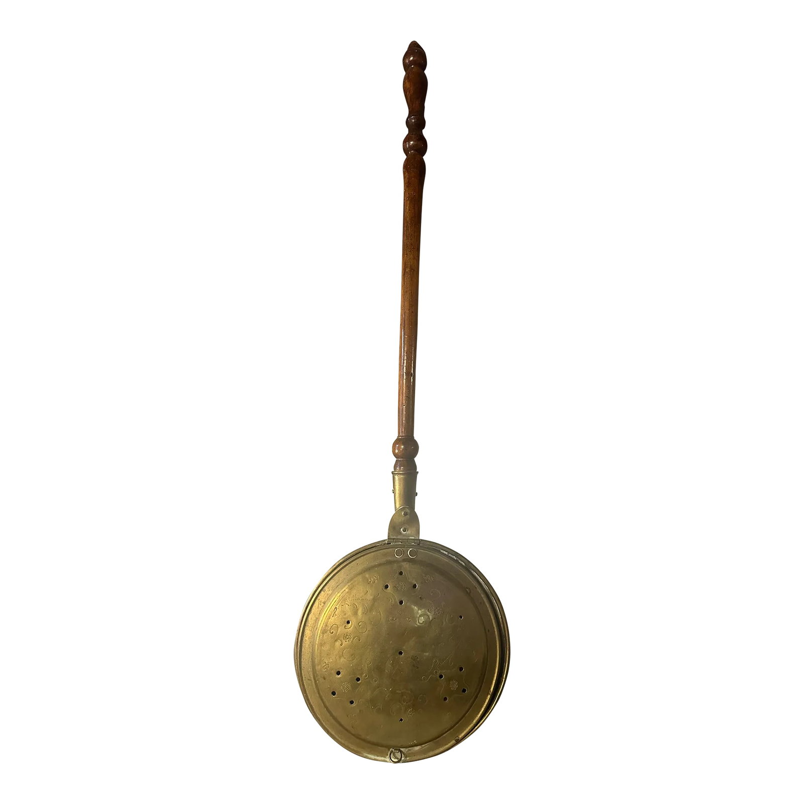 19th Century Antique Brass Bed Warmer (1800's): Antique Brass Bed Warmer with turned wood handle. Condition: Alterations: Original Condition Unaltered Imperfections: Some Imperfections Condition Notes: Some light interior water corrosion, outside i