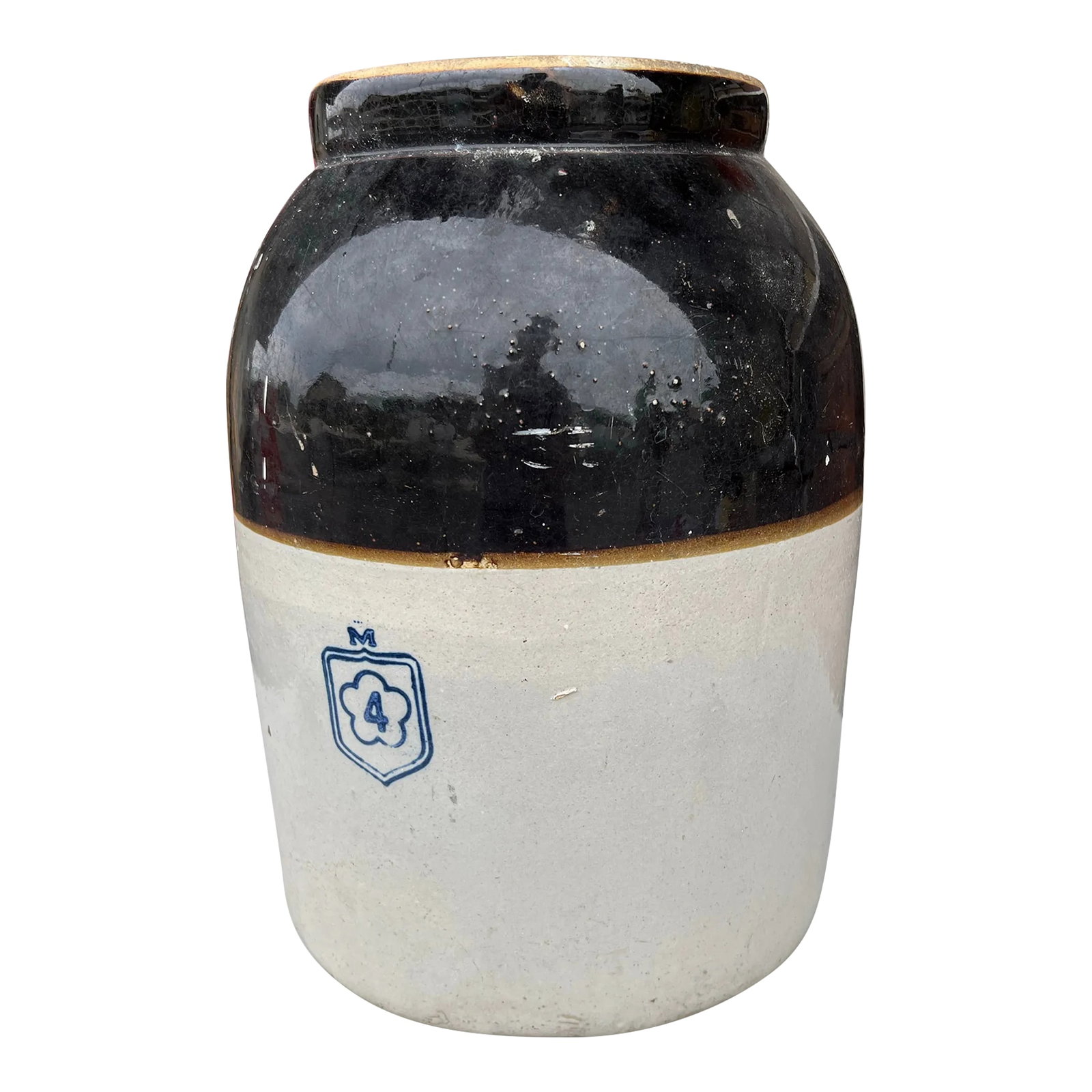 Antique Nelson McCoy 4 Gallon Stoneware Crock Jug: Heavy vintage 4 gallon stoneware storage McCoy jug. Has a blue mark with a 4 inside a flower that is inside a shield with an M above it. It was made by the Nelson McCoy Sanitary Stoneware Company -