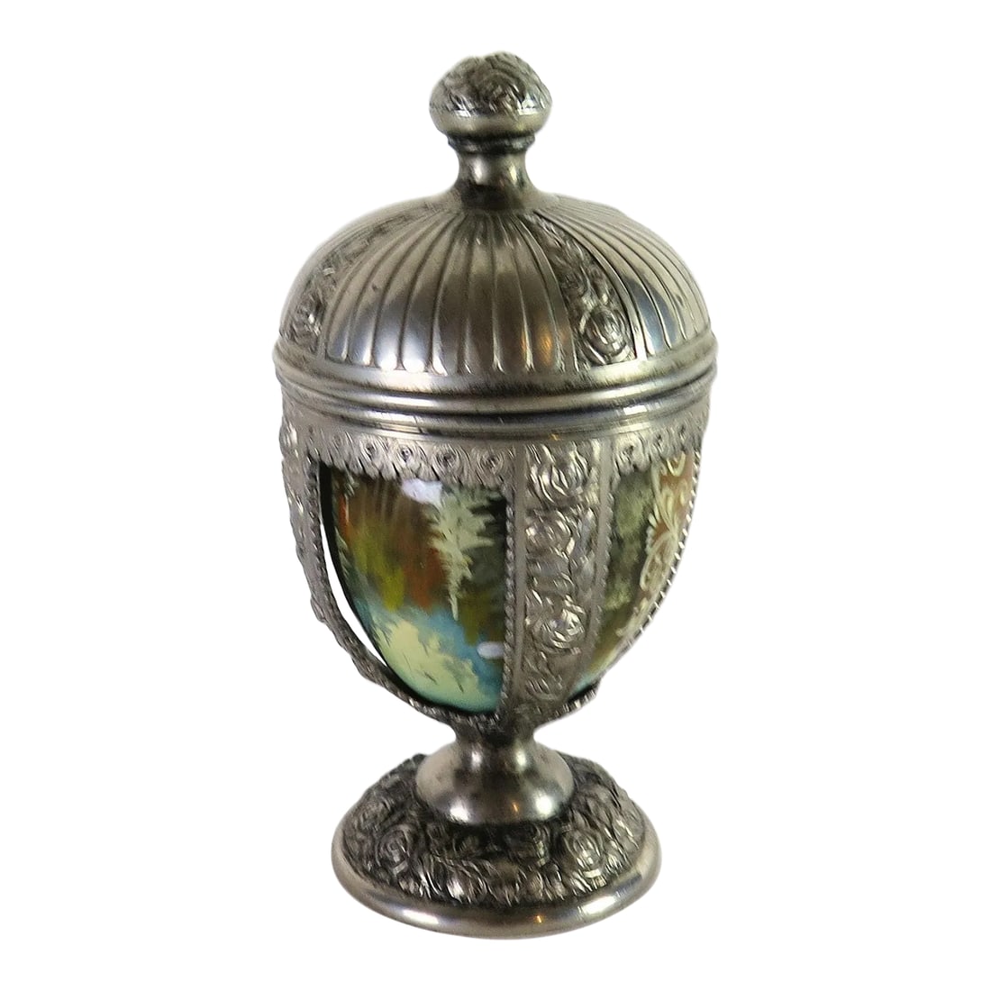 Silver Plaited Japanese Hand Painted Wooden Egg Holder: In The early 1950's one of America's biggest imports were from Japan. After WWII The United States helped in the reformation of that nations infostructure including factories and housing. The
