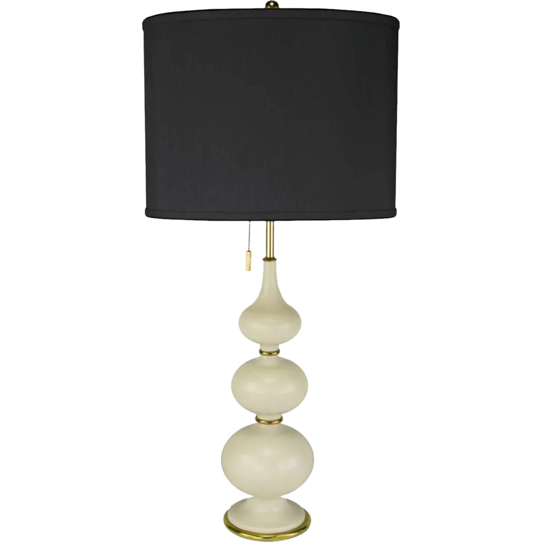 Gerald Thurston for Lightolier Triple Gourd-Form Table Lamp: Stunning Lightolier table lamp in white satin glazed ceramic stacked spherical bodies. Each segment separated by a brass ring spacer. Base is a brass plate. The three socket lighting element with pull
