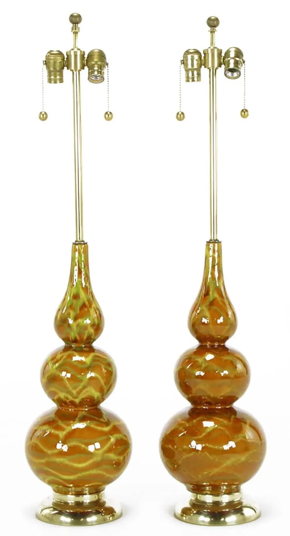 Caramel Glazed Ceramic Triple Gourd Form Table Lamps - a Pair - 2