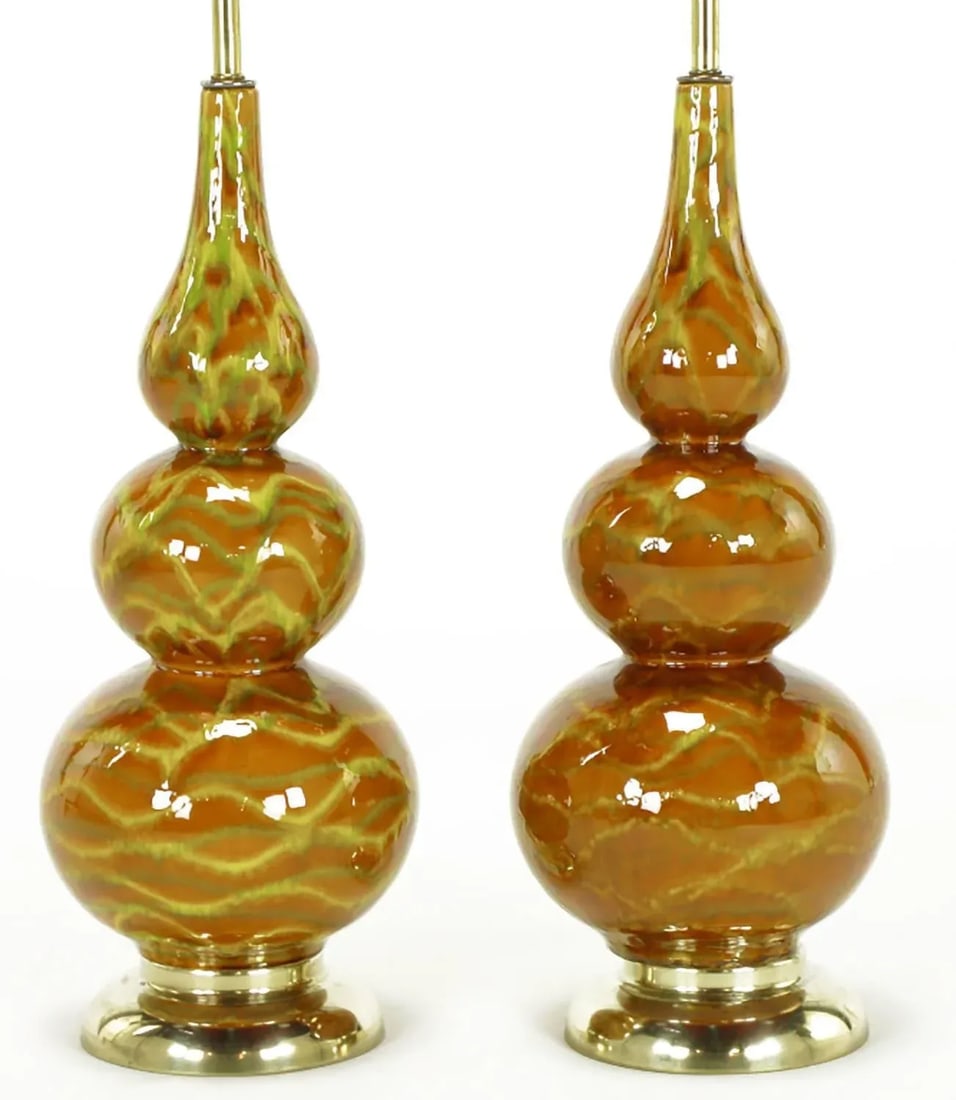 Caramel Glazed Ceramic Triple Gourd Form Table Lamps - a Pair - 3
