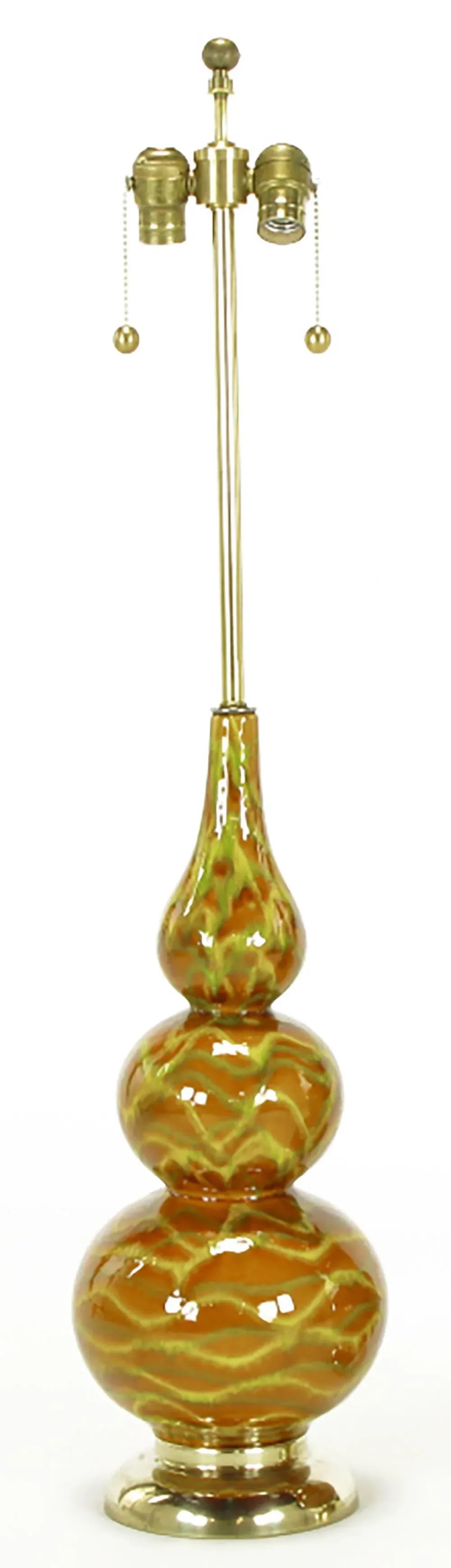 Caramel Glazed Ceramic Triple Gourd Form Table Lamps - a Pair - 4