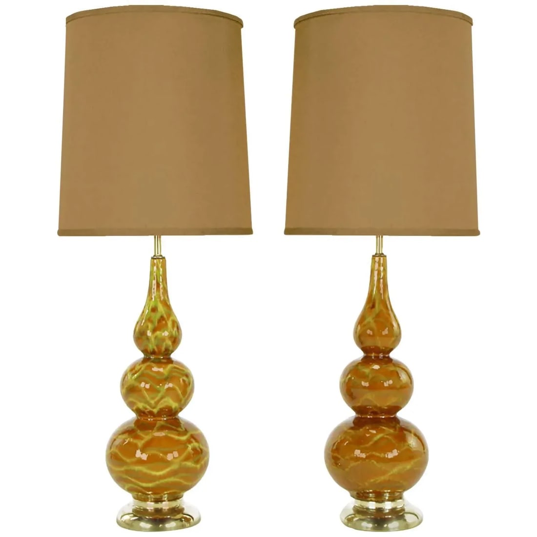Caramel Glazed Ceramic Triple Gourd Form Table Lamps - a Pair - 8