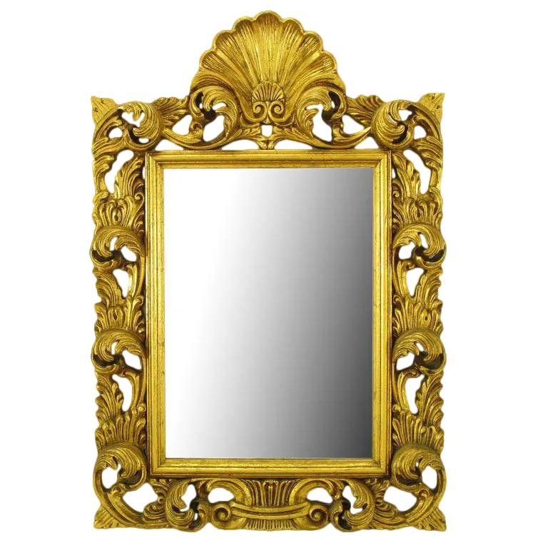French Regence Style Shell & Acanthus Leaf Mirror: French Regence style mirror with deep relief filigree and shell surmount. Finely cast resin with gilt finish pressed on wood backing. Condition: Alterations: Unknown Imperfections: Some Imperfections