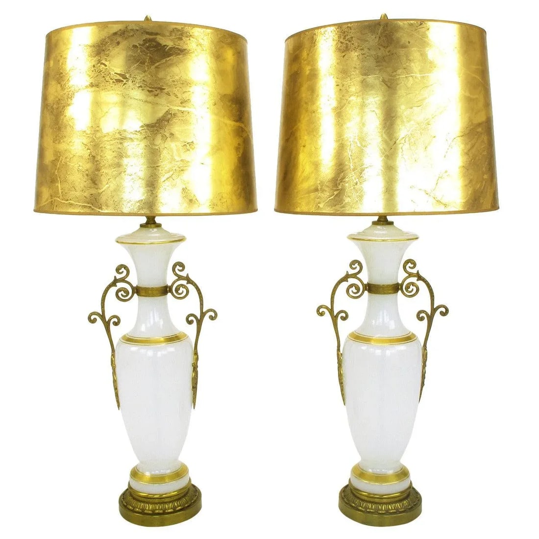 Chapman Neoclassical White Milk Glass Table Lamps With Brass Appliques - a Pair - 11