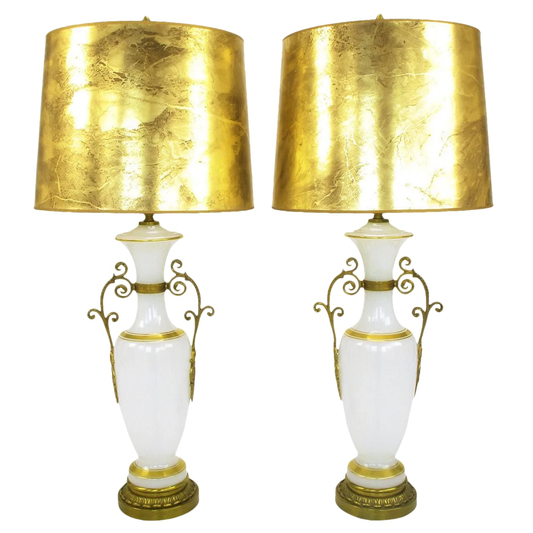 Chapman Neoclassical White Milk Glass Table Lamps With Brass Appliques - a Pair: Pair of Chapman neoclassical white milk glass vase shaped table lamps with gilt striping. Filigreed brass handles and cast brass base, brass stem and double socket cluster. Sold sans shades. Condition