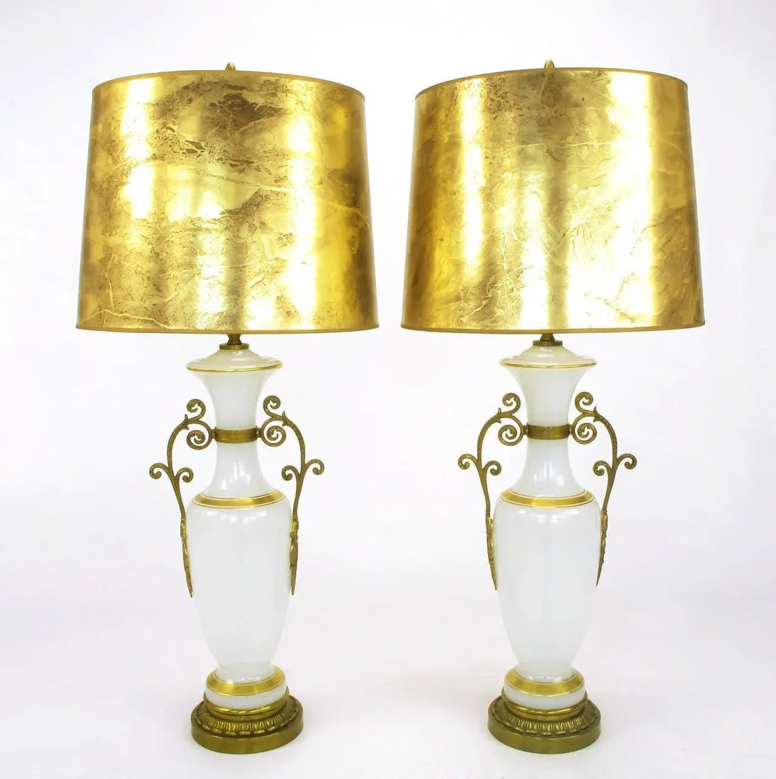 Chapman Neoclassical White Milk Glass Table Lamps With Brass Appliques - a Pair - 2