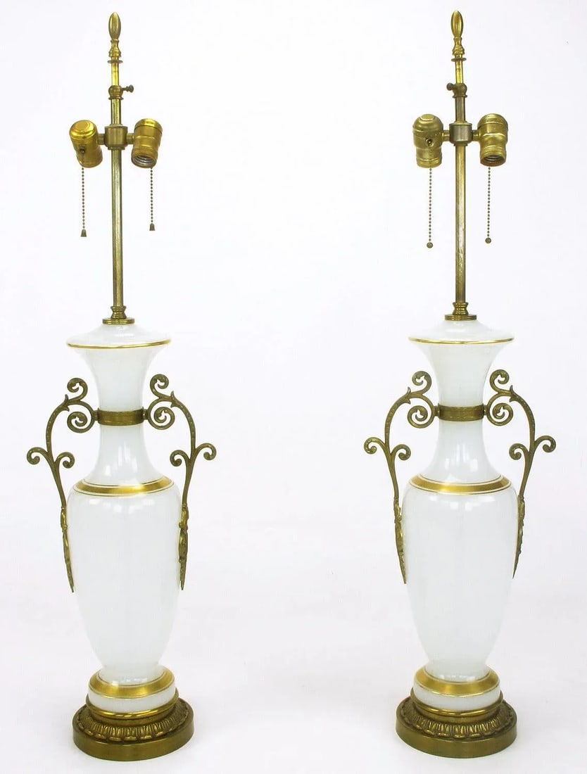 Chapman Neoclassical White Milk Glass Table Lamps With Brass Appliques - a Pair - 3