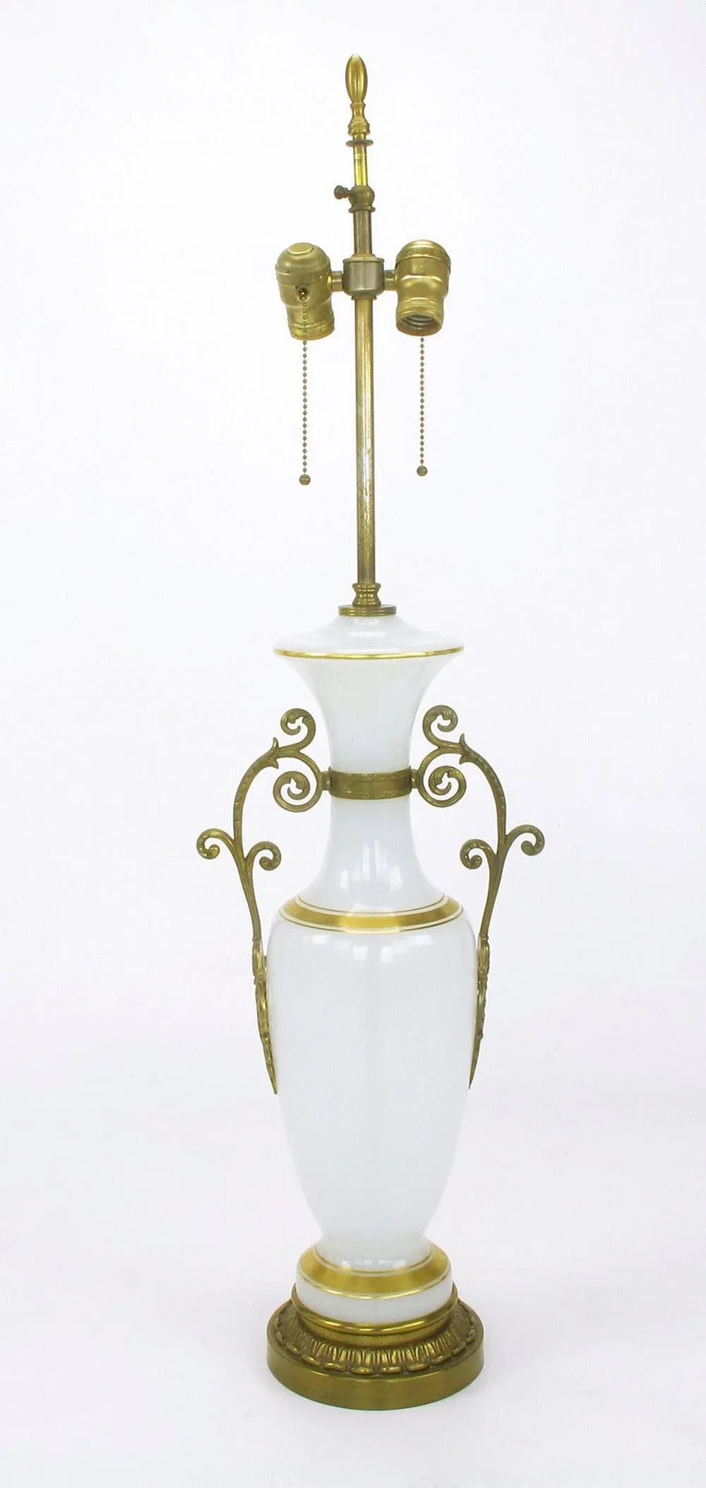 Chapman Neoclassical White Milk Glass Table Lamps With Brass Appliques - a Pair - 4
