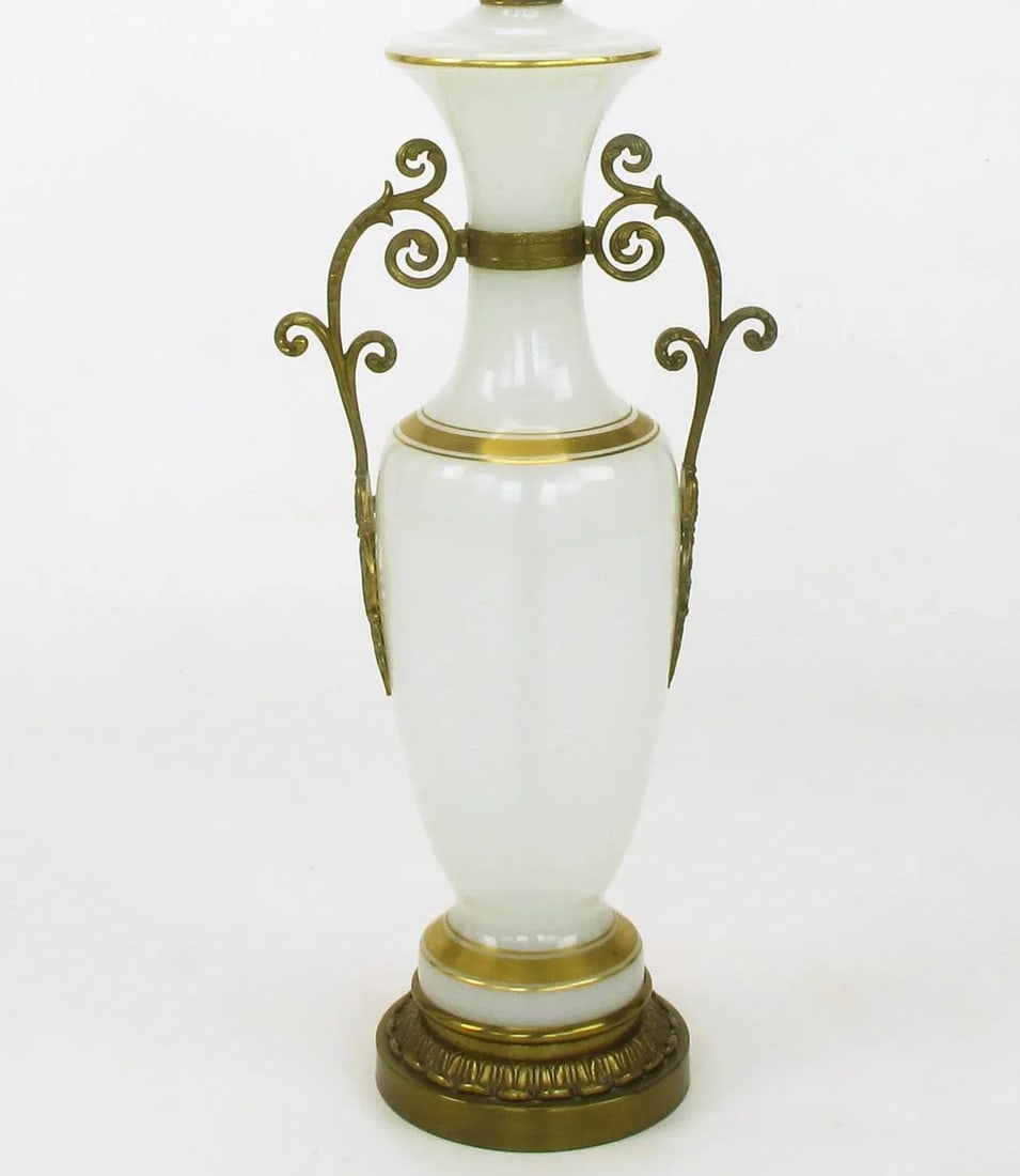 Chapman Neoclassical White Milk Glass Table Lamps With Brass Appliques - a Pair - 5