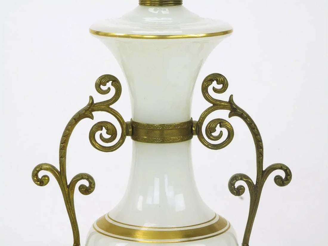 Chapman Neoclassical White Milk Glass Table Lamps With Brass Appliques - a Pair - 6