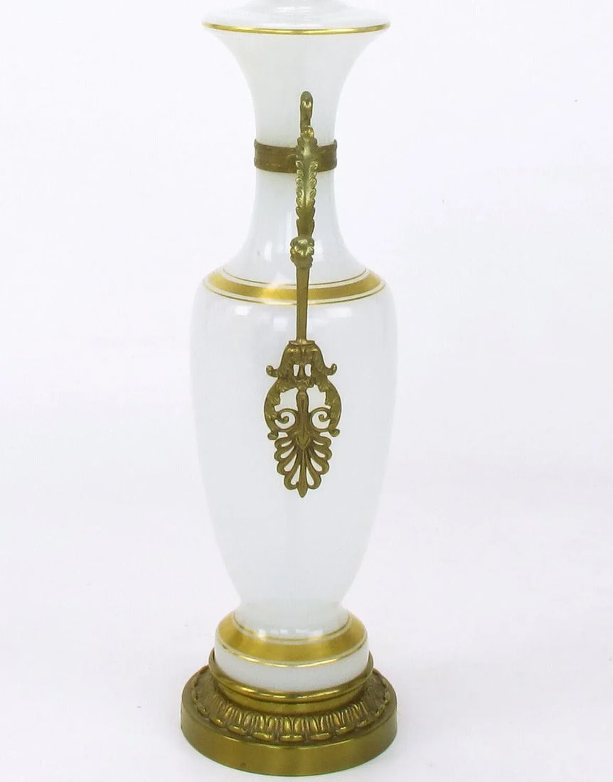Chapman Neoclassical White Milk Glass Table Lamps With Brass Appliques - a Pair - 7