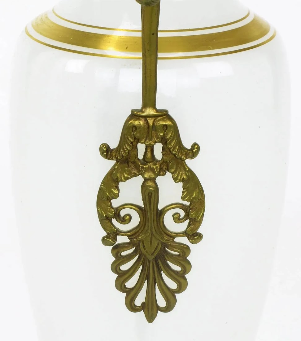 Chapman Neoclassical White Milk Glass Table Lamps With Brass Appliques - a Pair - 8