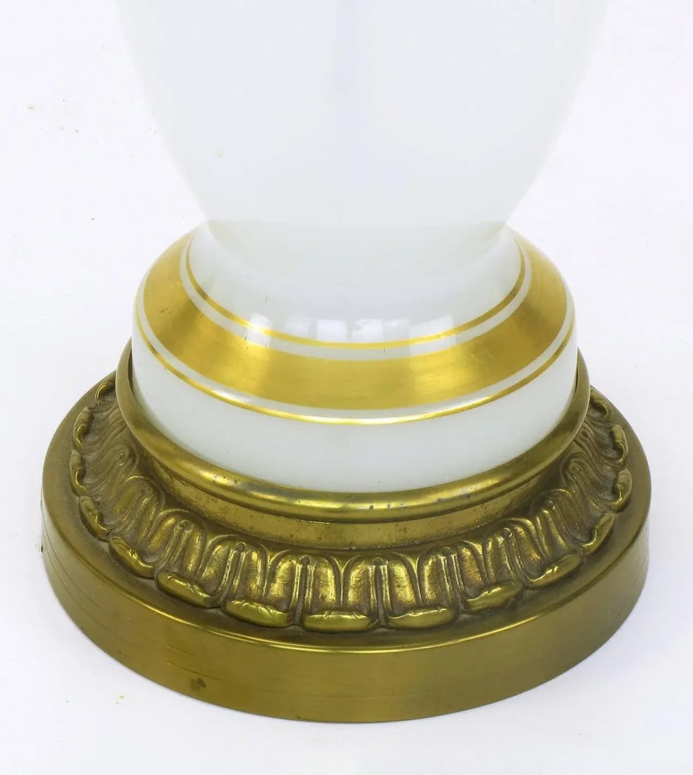 Chapman Neoclassical White Milk Glass Table Lamps With Brass Appliques - a Pair - 9