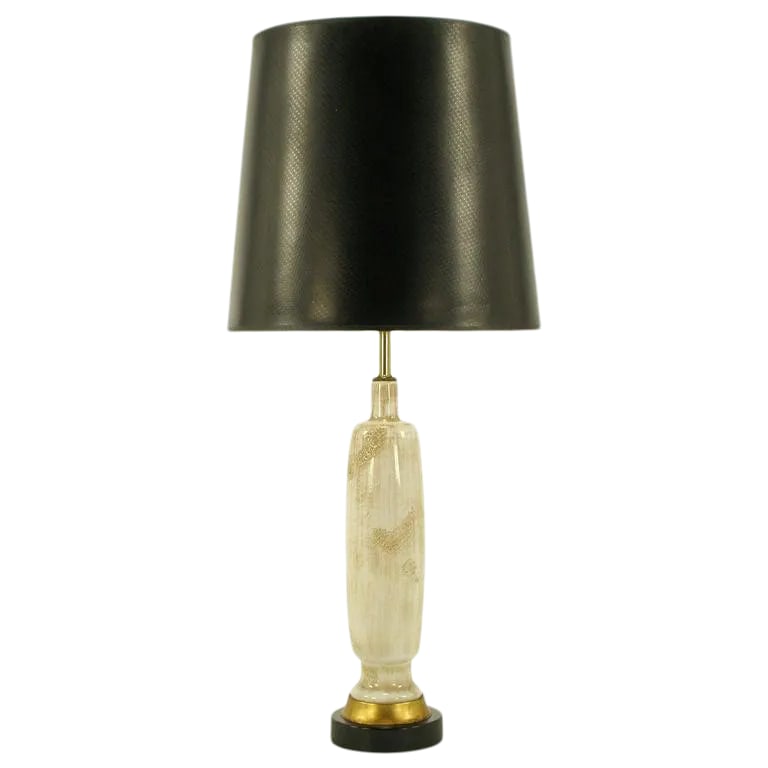 Frederick Cooper Hand Thrown & Relief Glazed Ceramic Table Lamp: Frederick Cooper ceramic hand thrown & glazed bottle shaped ceramic bodied table lamp. Gilt metal spacer and black lacquered metal base. Ceramic body has a white base glaze with relief and taupe over