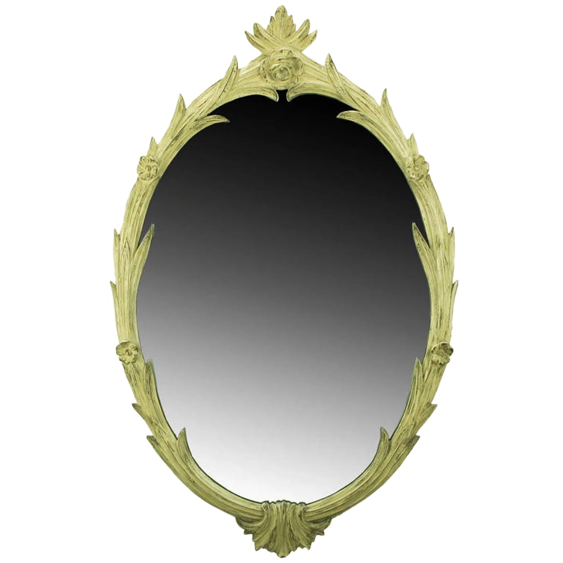 Hand-Carved French Regence Style Mirror With Gilt Ivory Glaze: An exceptional mirror in hand-carved wood with foliate detail. Gold leafed, and then finished in a distressed ivory wash to reveal the gilt underlayer. Very fine carving and some aging to the mercury