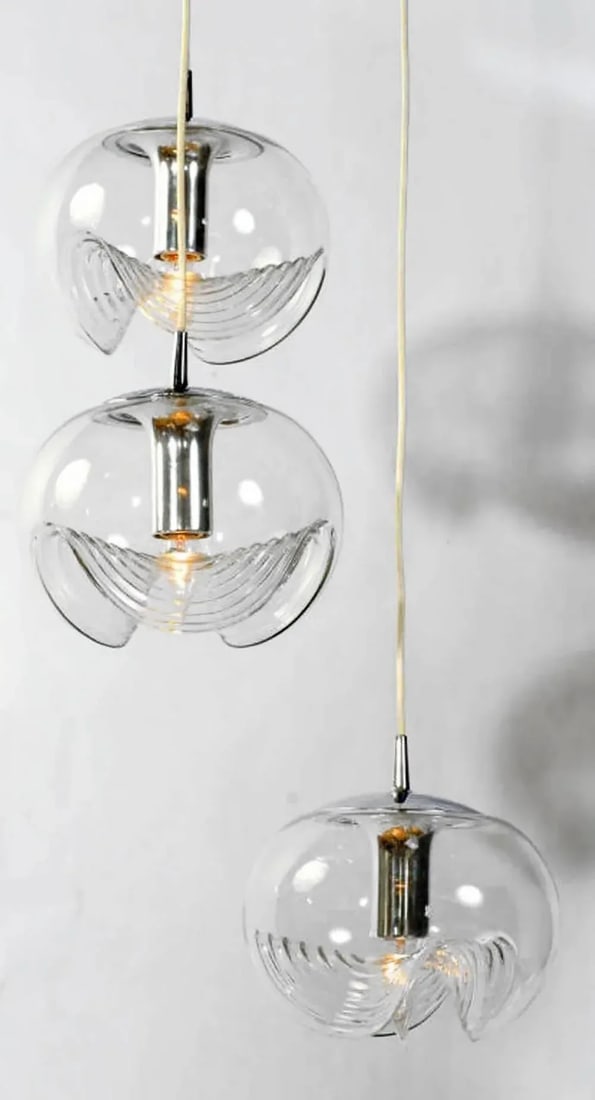 Koch & Lowy Chrome and Blown Glass Triple Pendant Fixture - 2