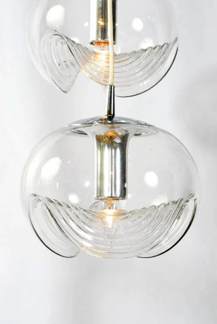 Koch & Lowy Chrome and Blown Glass Triple Pendant Fixture - 3