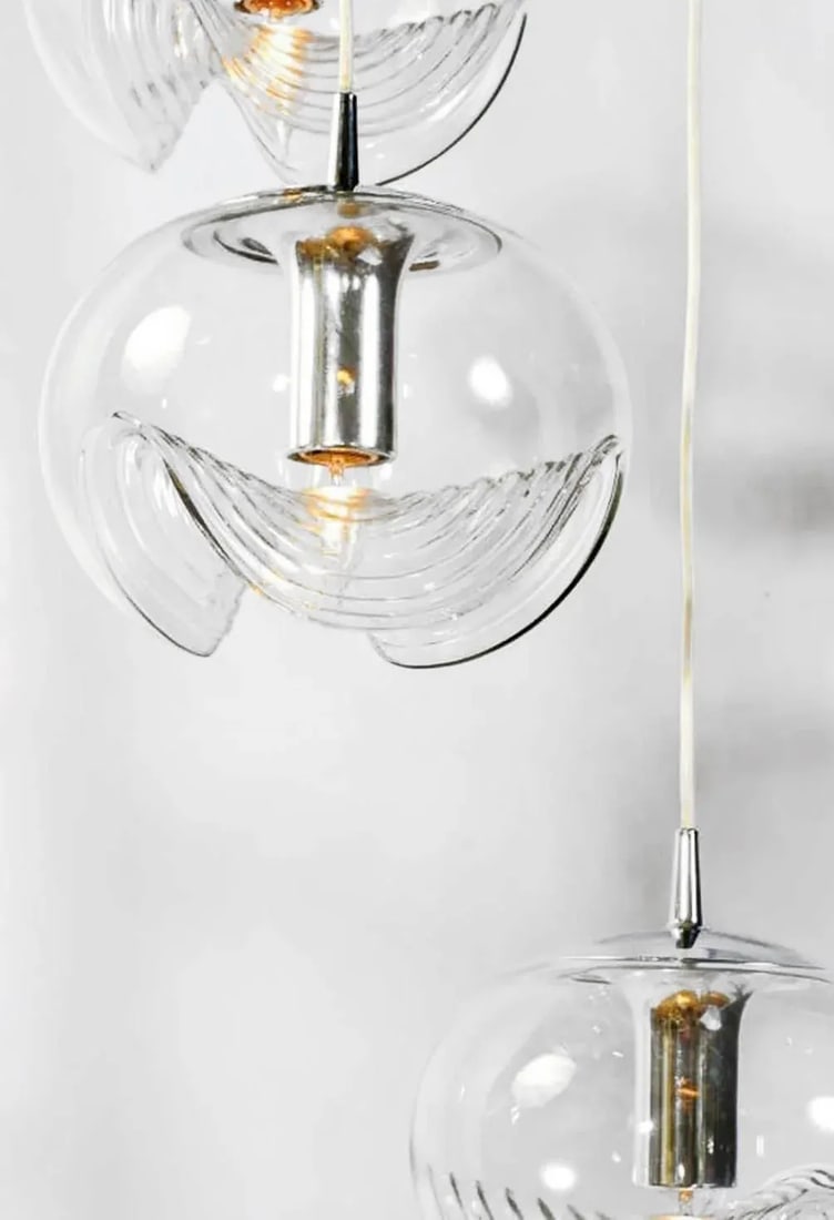 Koch & Lowy Chrome and Blown Glass Triple Pendant Fixture - 4