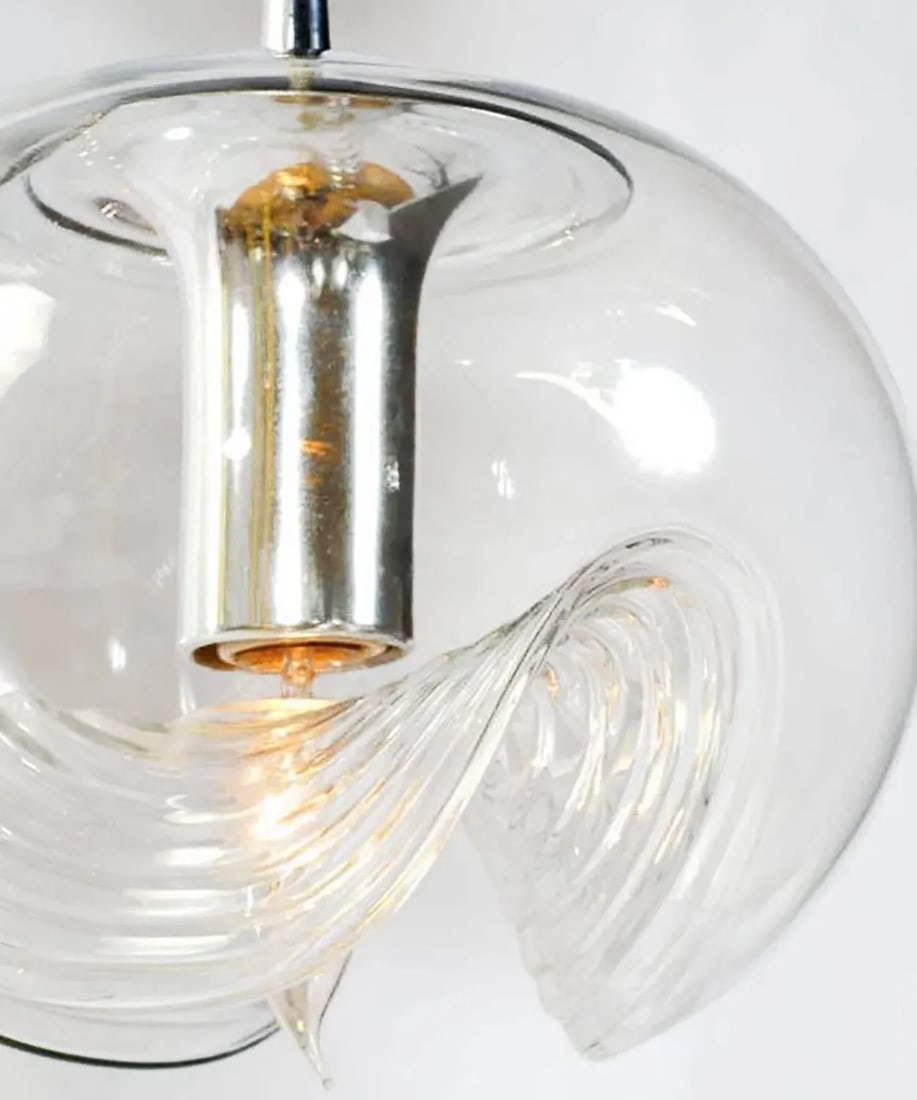 Koch & Lowy Chrome and Blown Glass Triple Pendant Fixture - 5