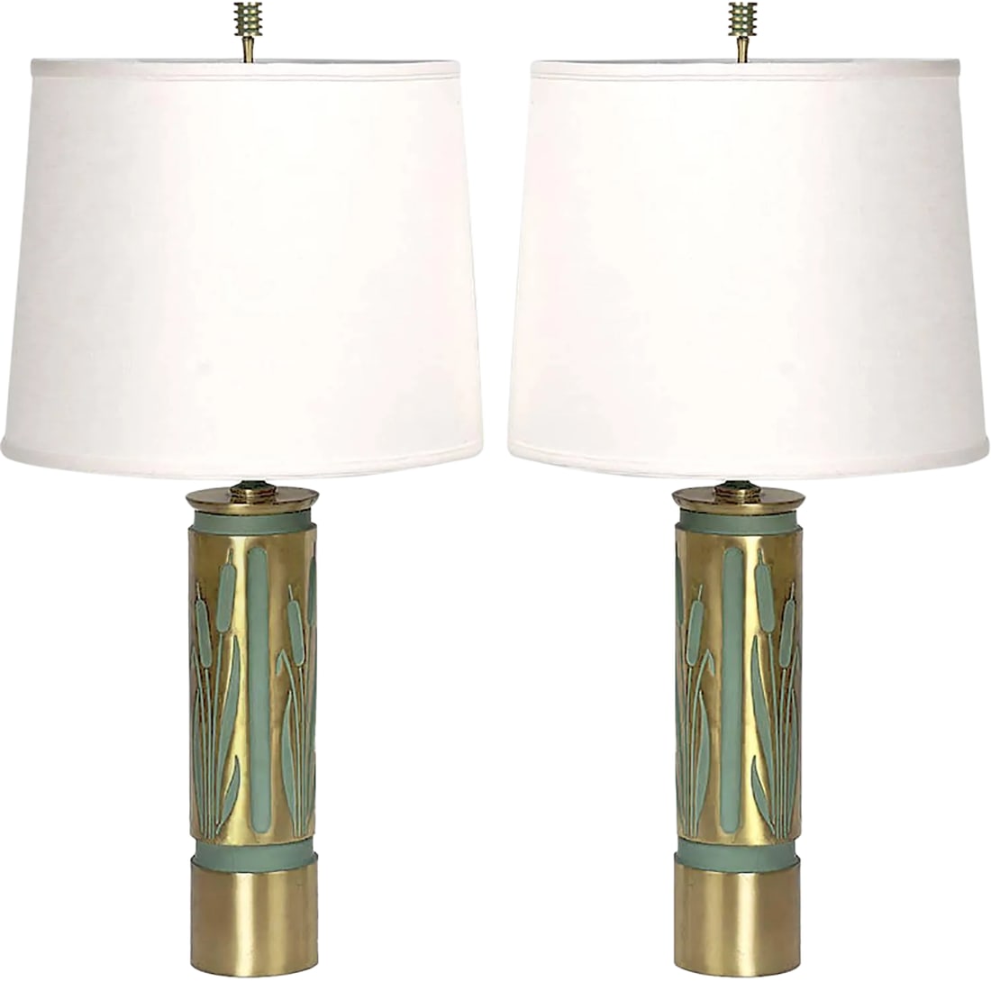 1940s Cattails Negative-Relief Brass Table Lamps - a Pair: and unusual pair of table lamps, cast with cattail design. Components machined with amazing precision, including the matching finned finials. All recessed areas painted an Art Deco sage green. Single 