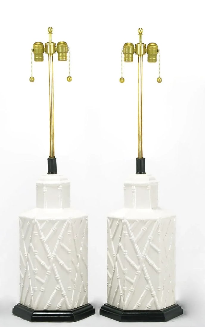 White Ceramic Hexagonal Bamboo Relief Table Lamps - a Pair - 2