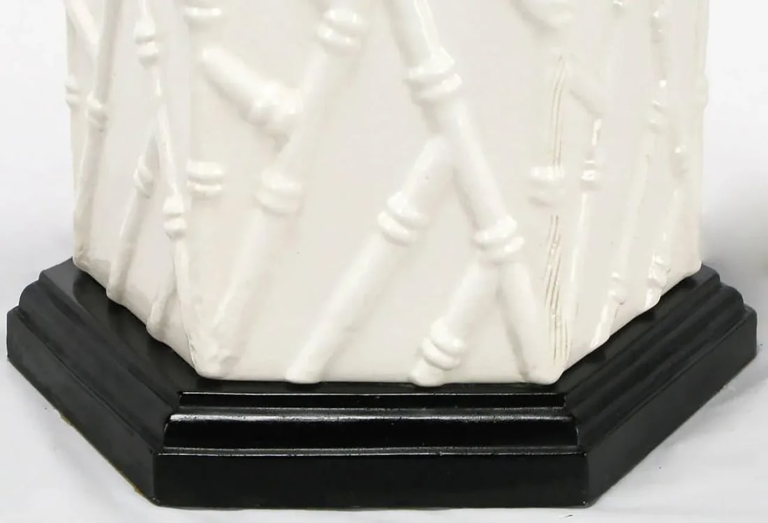 White Ceramic Hexagonal Bamboo Relief Table Lamps - a Pair - 4
