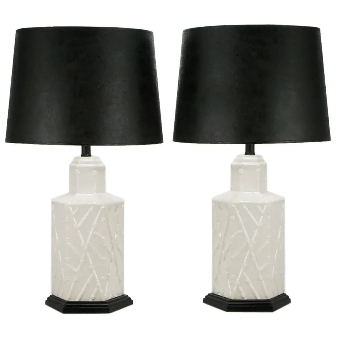 White Ceramic Hexagonal Bamboo Relief Table Lamps - a Pair - 6