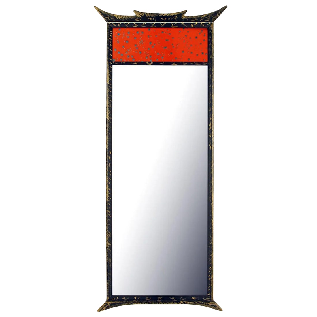 Parcel-Gilt Pagoda Style Enameled Panel Trumeau Mirror: Parcel-gilt pagoda style enameled panel trumeau mirror. Condition: Alterations: Original Condition Unaltered Imperfections: Some Imperfections Condition Notes: Good Very good vintage condition Wear