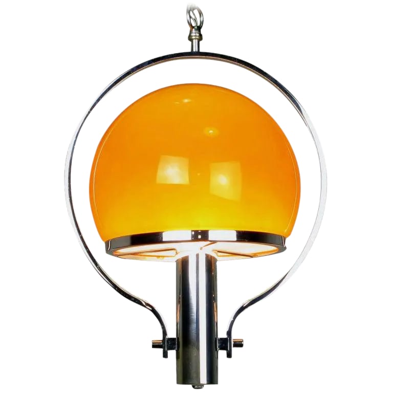 Spherical Amber Cased Glass and Chrome Chandelier: Machine age influenced modern pendant light with a beautiful amber-gold glass shade. The cased glass shade is white on the inside and amber outside giving it vibrant color when the light is on or off.