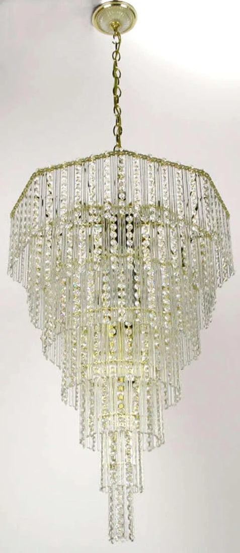 Seven Tier Crystal Beads and Rods Brass Chandelier - 2