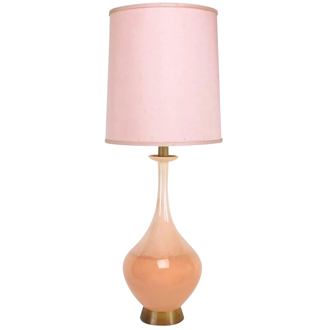 Large Coral Drip Glaze Pottery Table Lamp: Coral drip glazed ceramic gourd form table lamp with intrinsic bobeche, walnut wood base and partial stem. Brass stem and double cluster socket. Sold sans shade. Condition: Alterations: Restored