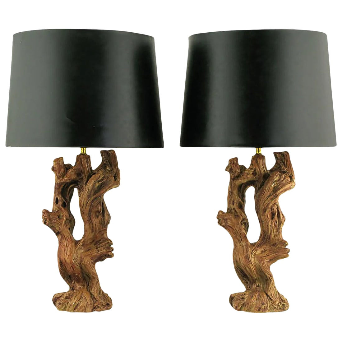 Ceramic Driftwood-Form Faux Bois Table Lamps - a Pair: Pair of ceramic faux bois driftwood bodied table lamps with beautifully authentic glazing. Brass stem and double socket cluster, sold sans shades. Condition: Alterations: Unknown Imperfections: Some I