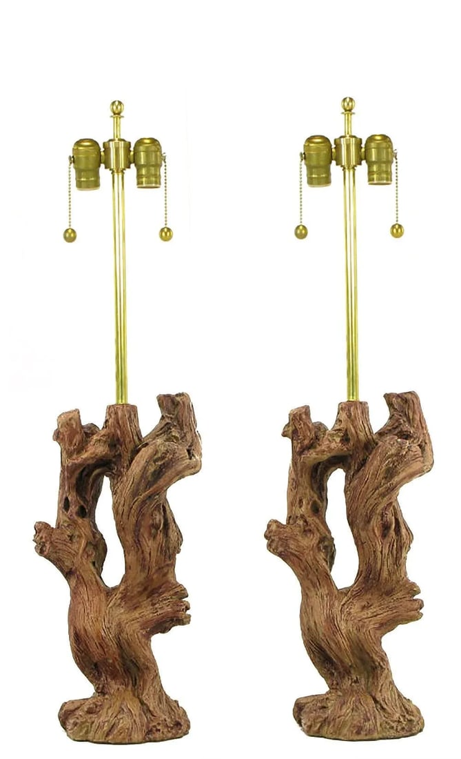 Ceramic Driftwood-Form Faux Bois Table Lamps - a Pair - 2