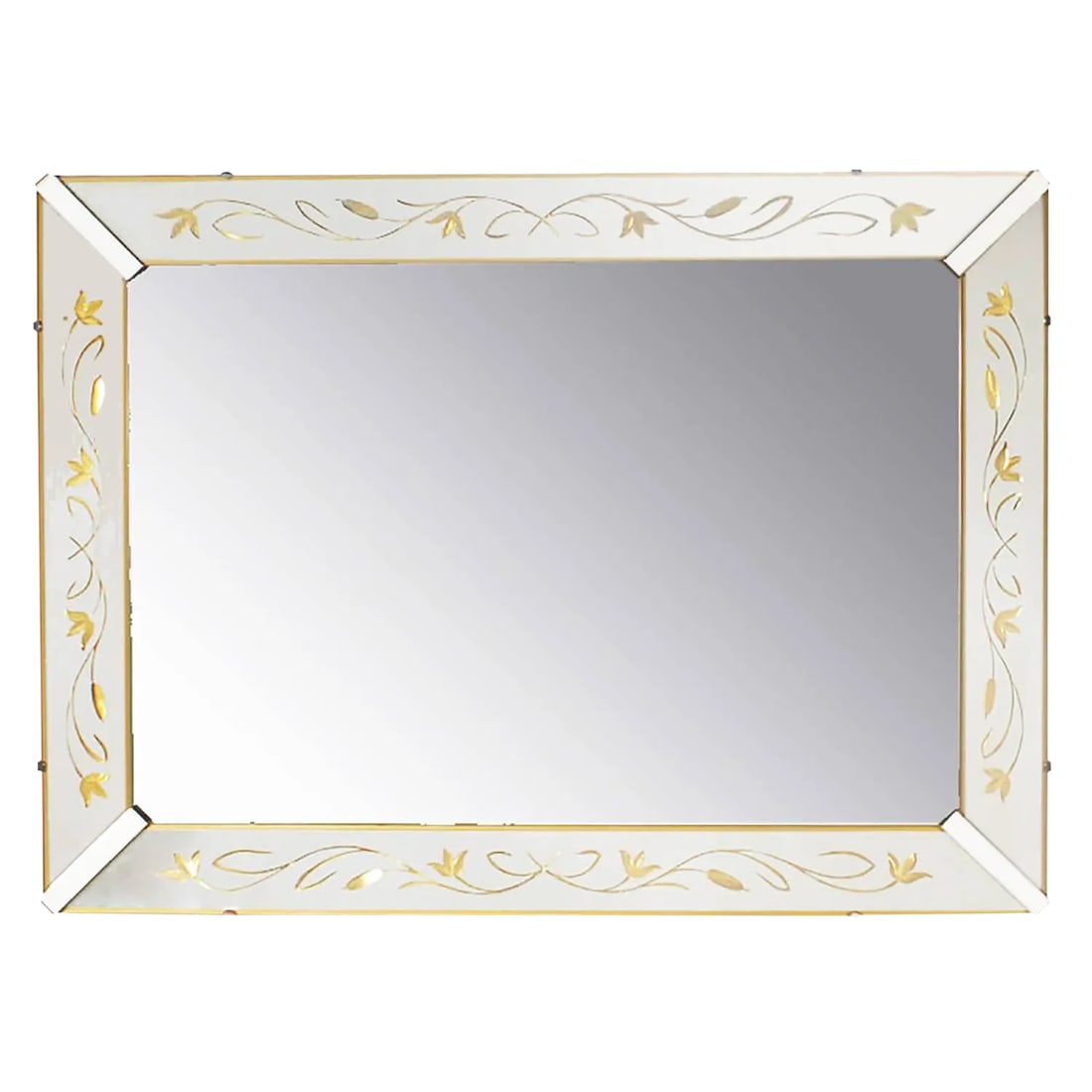Etched and Reverse Gilt Mirrored Frame Art Deco Mirror With Foliate Detail: American 1940s Art Deco mirror with canted and mirrored glass frame. Reverse etched and gilt cattails and ivy filigree detailing with gilt edged wood backing. Nickel over steel corner brackets hold th