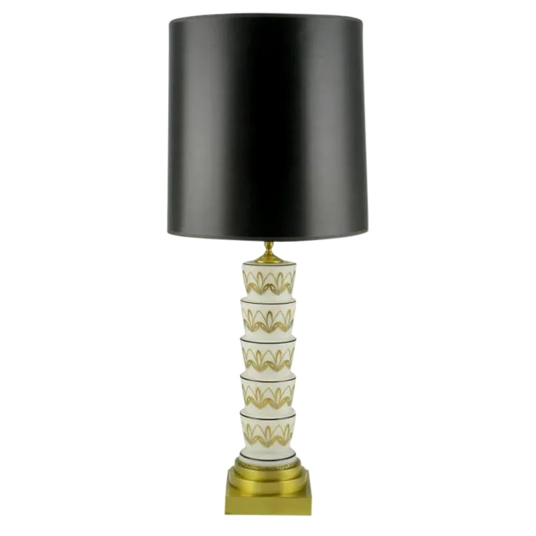 Hand Painted White Glass Art Deco Table Lamp.: Elegant stepped white glass with hand painted gold and black design on this art deco style table lamp. The base is a wedding cake style stacked brass pedestal and the stem is solid brass cap and