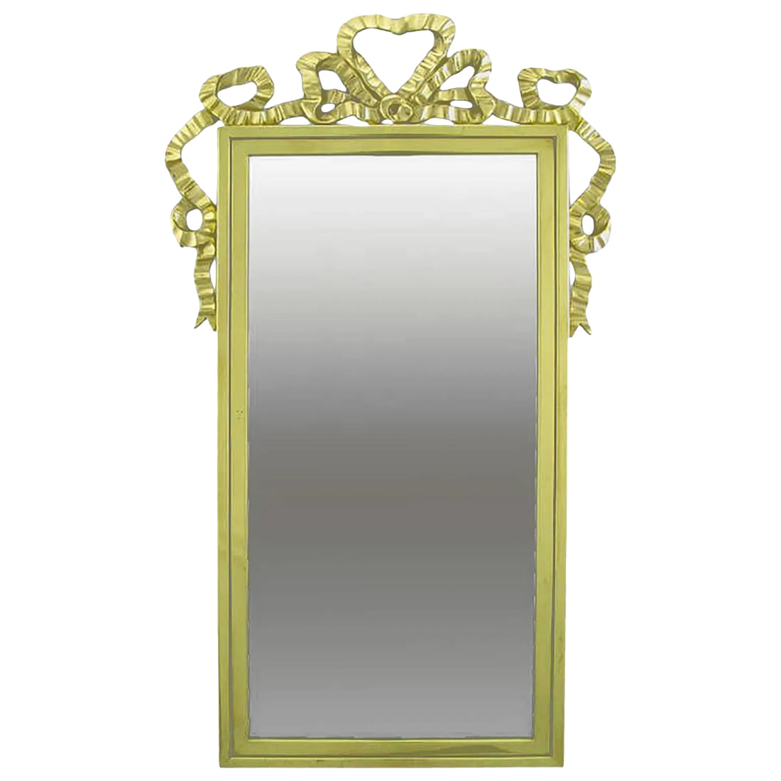 Brass Wall Mirror With Solid Brass Ribbon Swag: Elegant solid brass mirror, framed with ribbon fold swags. Italian import, marketed through Decorative Crafts Inc., an exclusively "to the trade" furniture and fine furnishings family-owned business