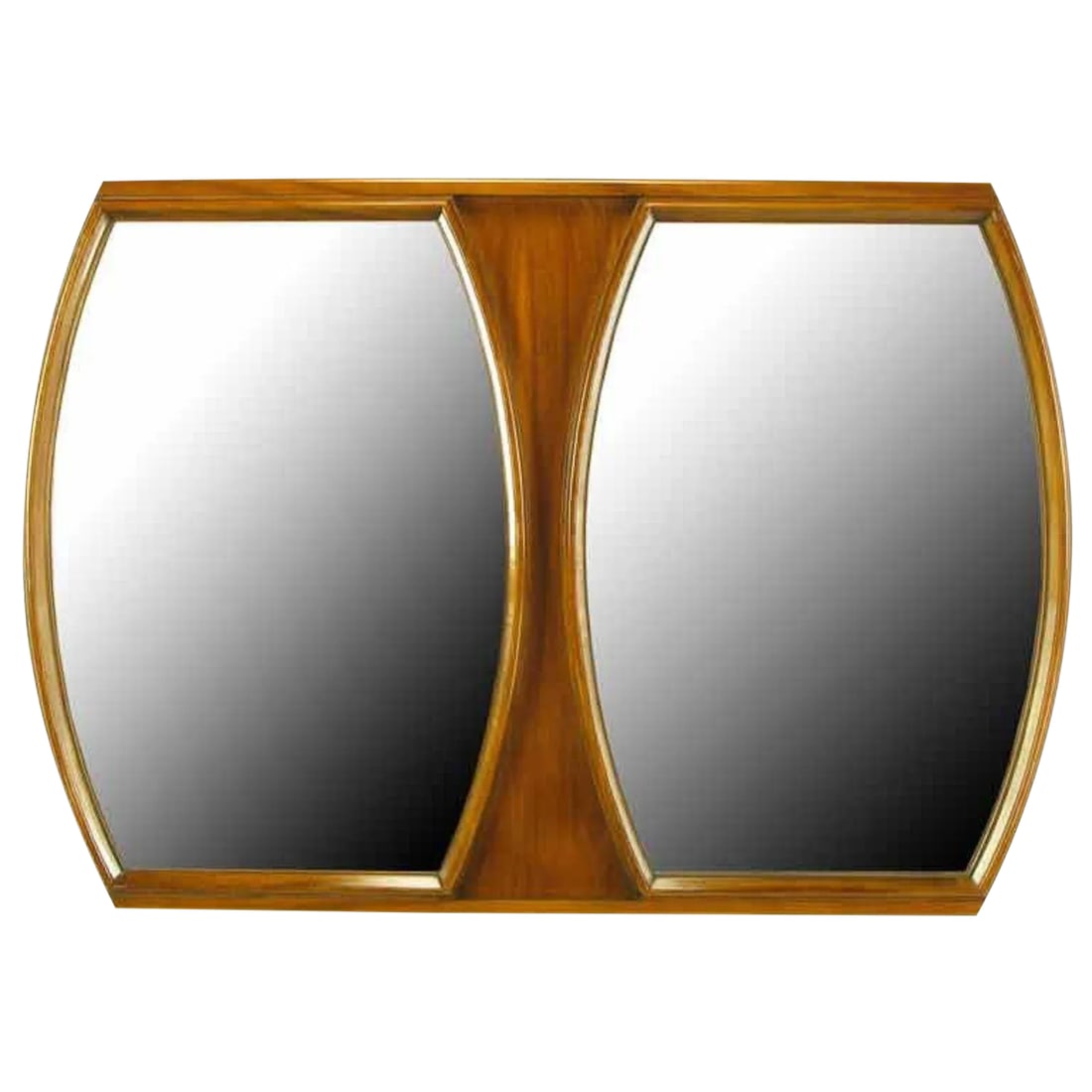 Modern Walnut Double Barrel Mirror: Walnut framed double mirror with barrel shaped mirrored glass inserts. Perfect for a double vanity sink. Condition: Alterations: Unknown Imperfections: Some Imperfections Condition Notes: Good Very