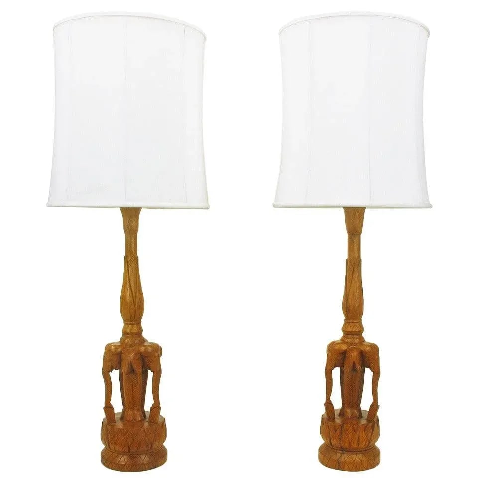 Tall Hand-Carved Hardwood "Trio of Elephants" Table Lamps - a Pair - 11