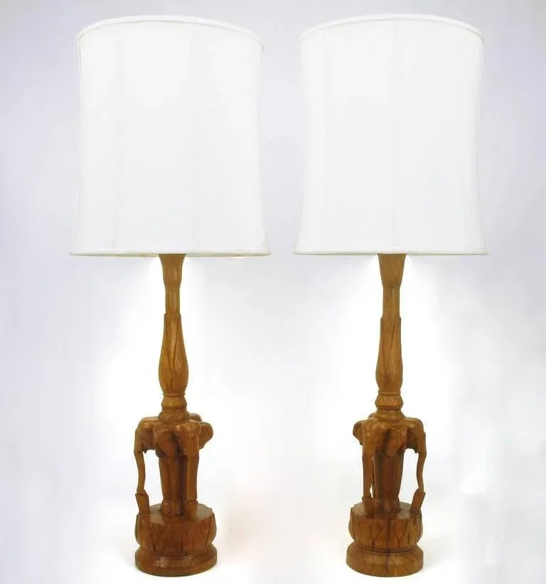 Tall Hand-Carved Hardwood "Trio of Elephants" Table Lamps - a Pair - 2