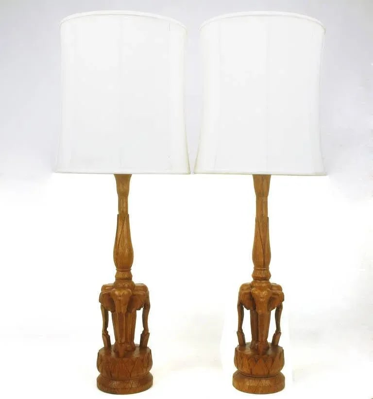 Tall Hand-Carved Hardwood "Trio of Elephants" Table Lamps - a Pair - 3