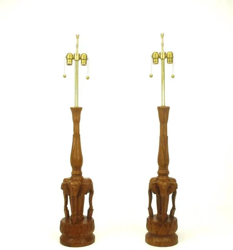 Tall Hand-Carved Hardwood "Trio of Elephants" Table Lamps - a Pair - 4