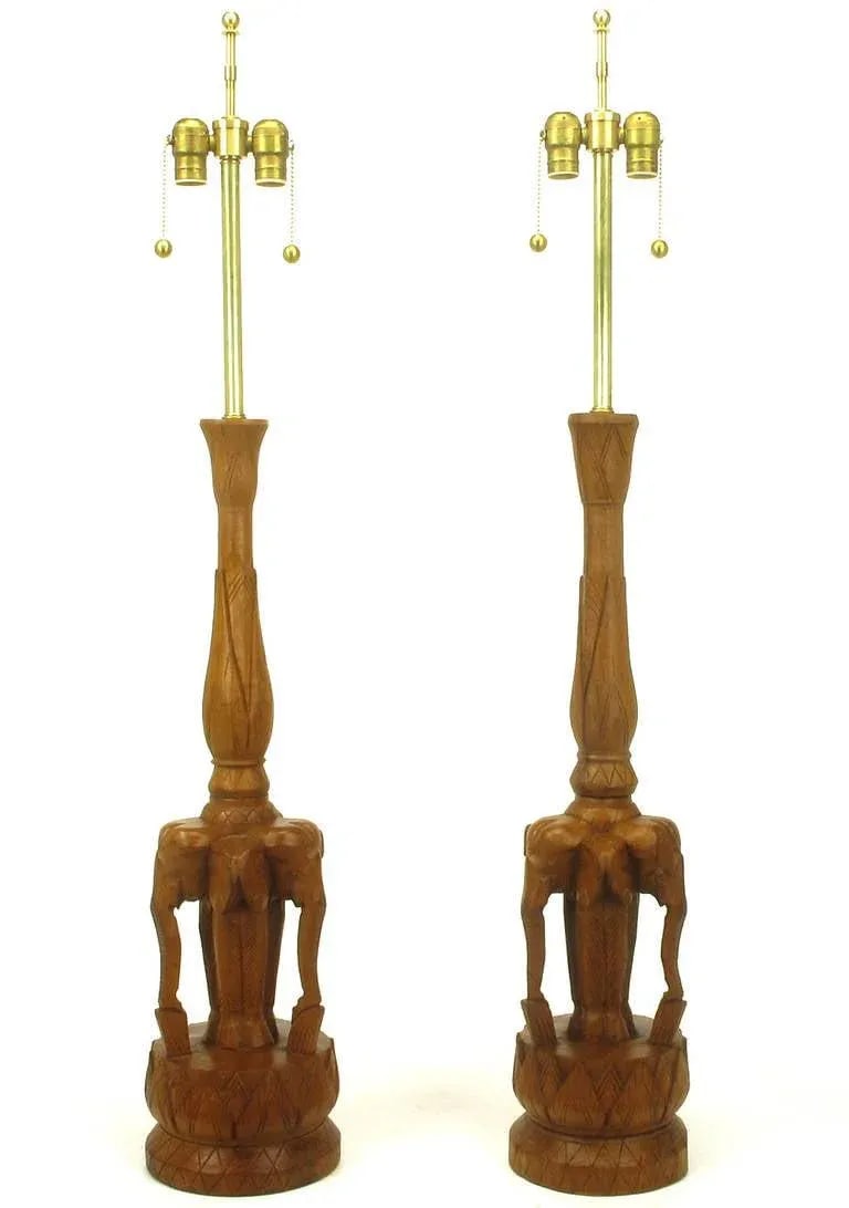 Tall Hand-Carved Hardwood "Trio of Elephants" Table Lamps - a Pair - 5