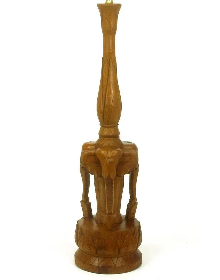 Tall Hand-Carved Hardwood "Trio of Elephants" Table Lamps - a Pair - 6