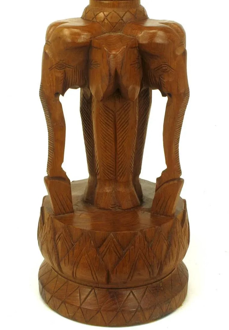 Tall Hand-Carved Hardwood "Trio of Elephants" Table Lamps - a Pair - 9