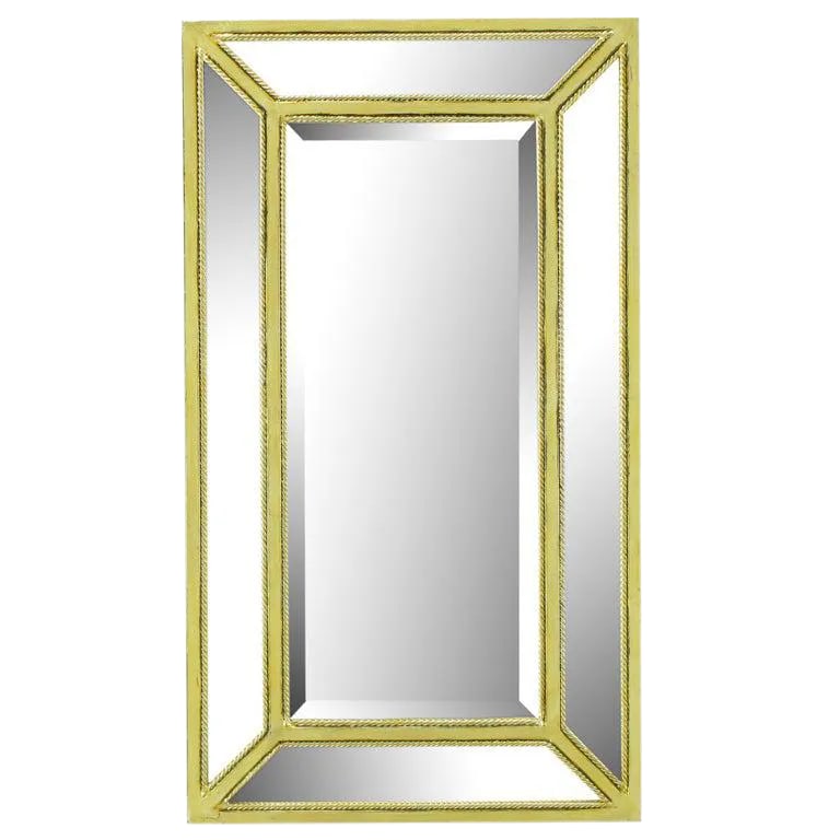 Italian Aged Silver Leaf Mirror With Rope Border: Italian five section mirror with toned silver leaf metal frame and similarly finished metal rope bordered detail. Five mitered edge narrow mirror frames the center beveled mirror. Excellent for the po