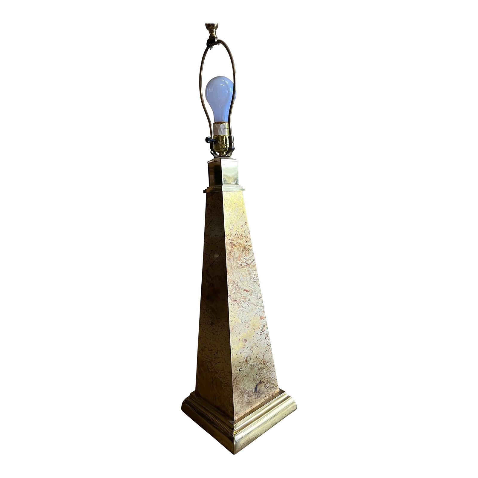 Mid Century Smokey Mirrored Table Lamp: Mid Century table lamp. Tall square pyramid. Smoked Mirror design. About 25" to socket and 33" tall to top of finial. Condition: Alterations: Original Condition Unaltered Imperfections: Some Imperfect
