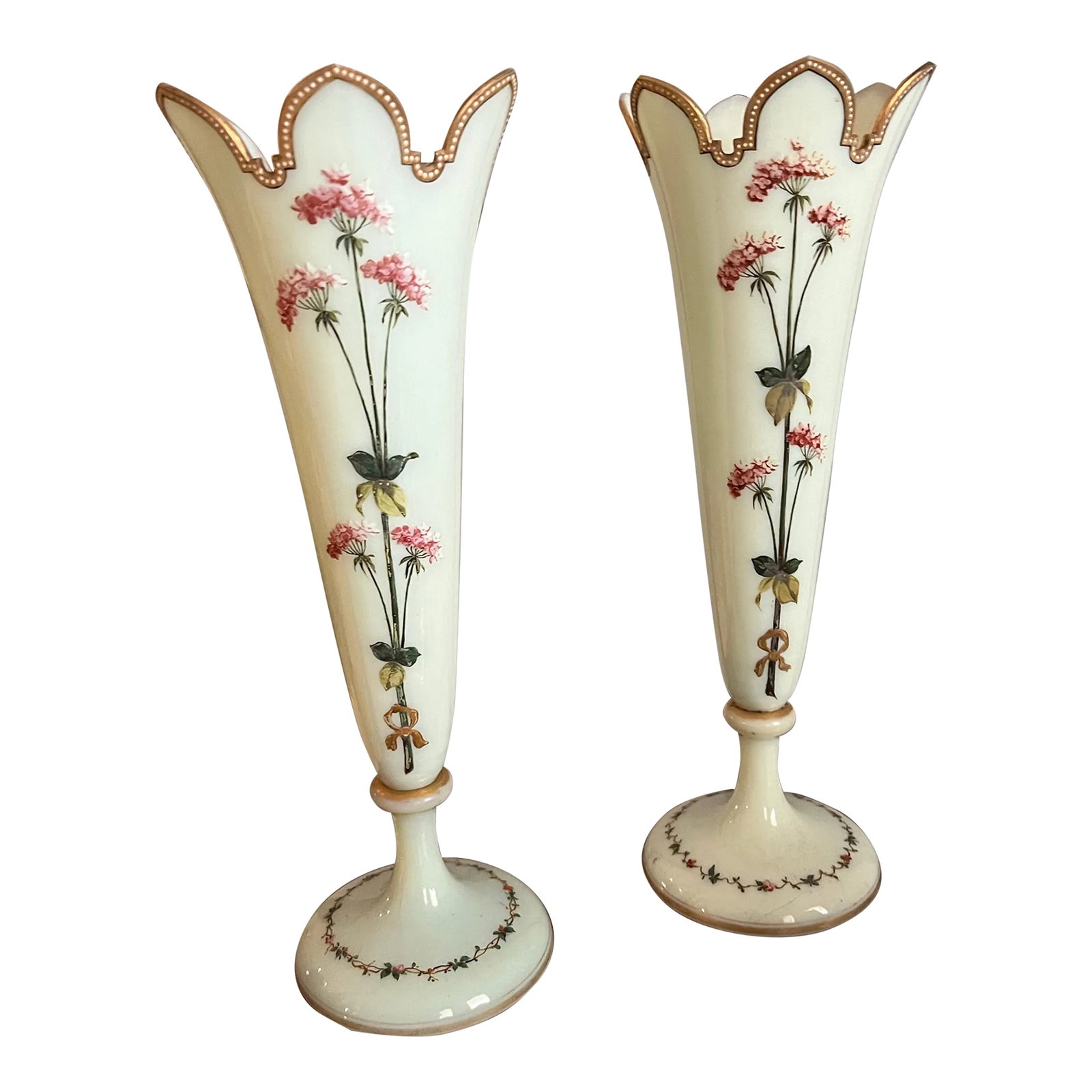 19th Century Louis XV Style Custard Glass Pair of Vases -2: French, Louis XV ,19th century custard opaline glass vases. The vases have a serrated crown like rim trimmed in gold. The base of the pedestal is about 4.5" in diameter. Gilded and hand painted